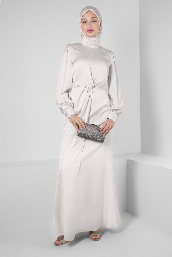 Vêtements hijab BEIGE ROBE DE SOIRÉE CEINTURÉE DÉTAIL SMOCKING 50328 - ALVİNA