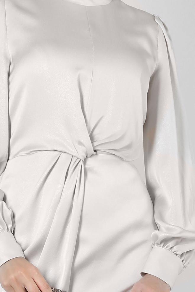 Vêtements hijab BEIGE ROBE DE SOIRÉE CEINTURÉE DÉTAIL SMOCKING 50328 - ALVİNA