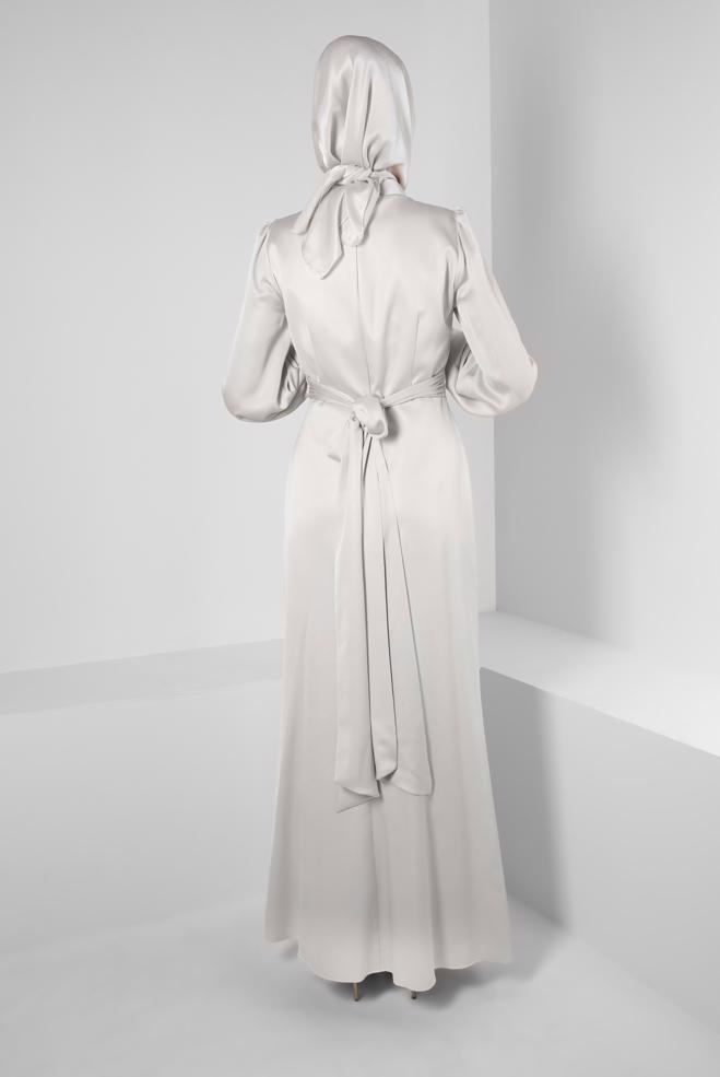 Vêtements hijab BEIGE ROBE DE SOIRÉE CEINTURÉE DÉTAIL SMOCKING 50328 - ALVİNA
