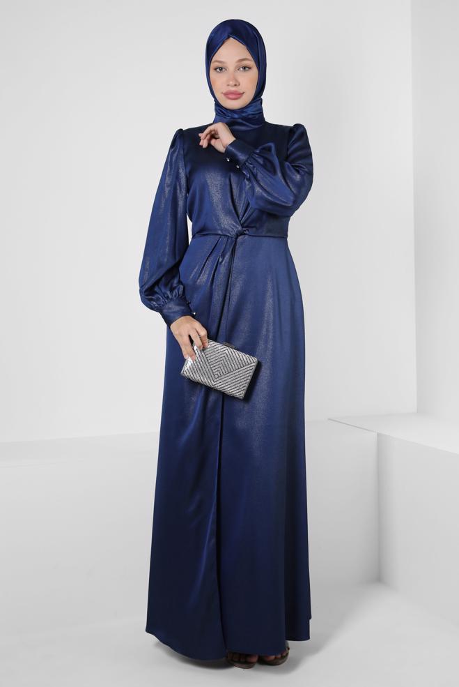 Vêtements hijab BLEU MARINE ROBE DE SOIRÉE CEINTURÉE DÉTAIL SMOCKING 50328 - ALVİNA