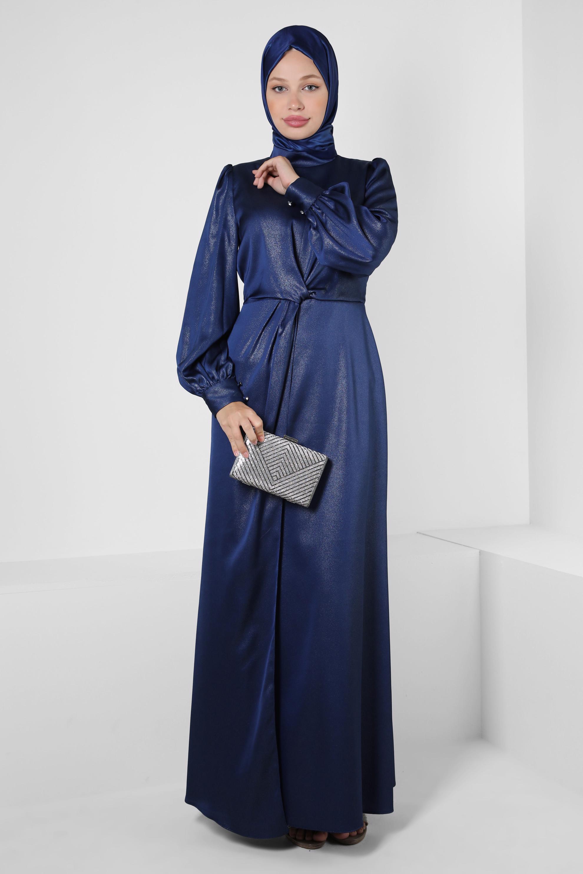 Vêtements hijab BLEU MARINE ROBE DE SOIRÉE CEINTURÉE DÉTAIL SMOCKING 50328