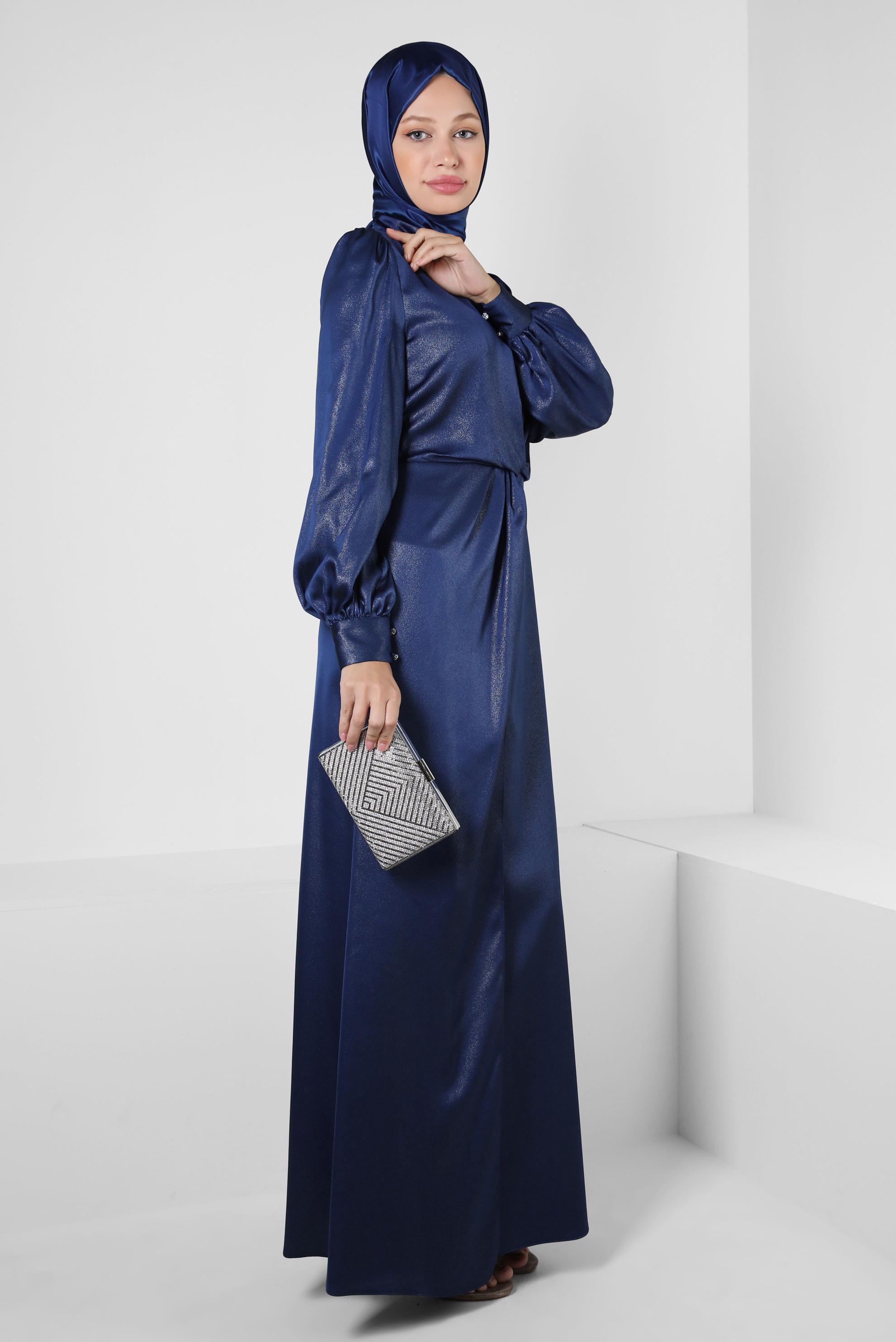 Vêtements hijab BLEU MARINE ROBE DE SOIRÉE CEINTURÉE DÉTAIL SMOCKING 50328