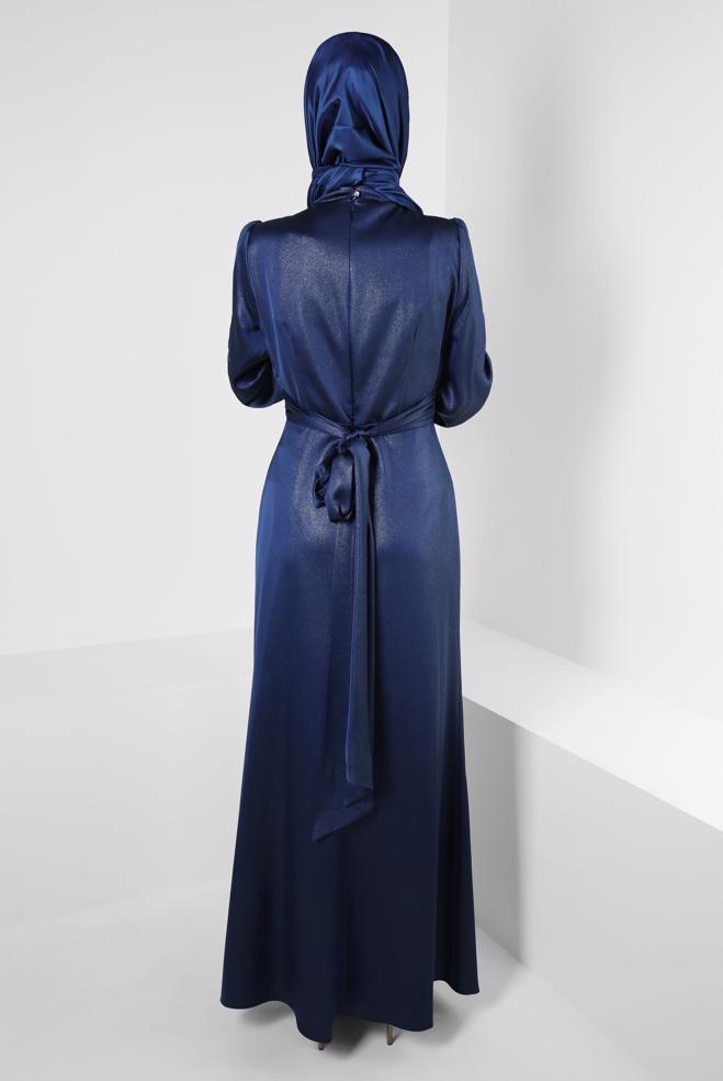 Vêtements hijab BLEU MARINE ROBE DE SOIRÉE CEINTURÉE DÉTAIL SMOCKING 50328 - ALVİNA