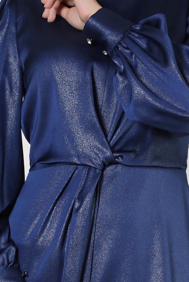 Vêtements hijab BLEU MARINE ROBE DE SOIRÉE CEINTURÉE DÉTAIL SMOCKING 50328 - ALVİNA