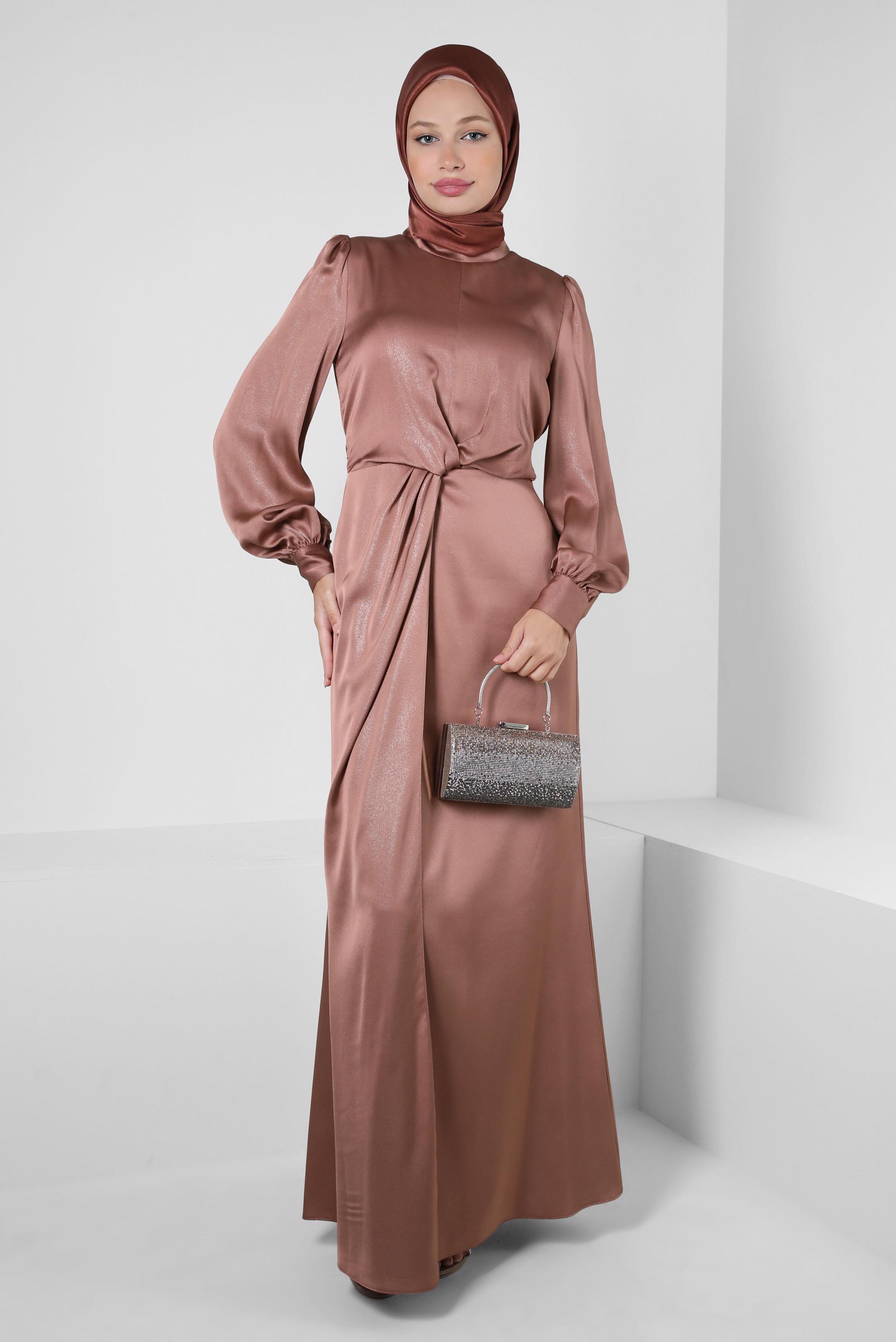 Vêtements hijab BRUN ROBE DE SOIRÉE CEINTURÉE DÉTAIL SMOCKING 50328