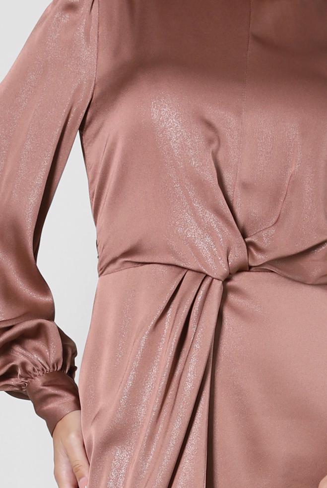 Vêtements hijab BRUN ROBE DE SOIRÉE CEINTURÉE DÉTAIL SMOCKING 50328 - ALVİNA