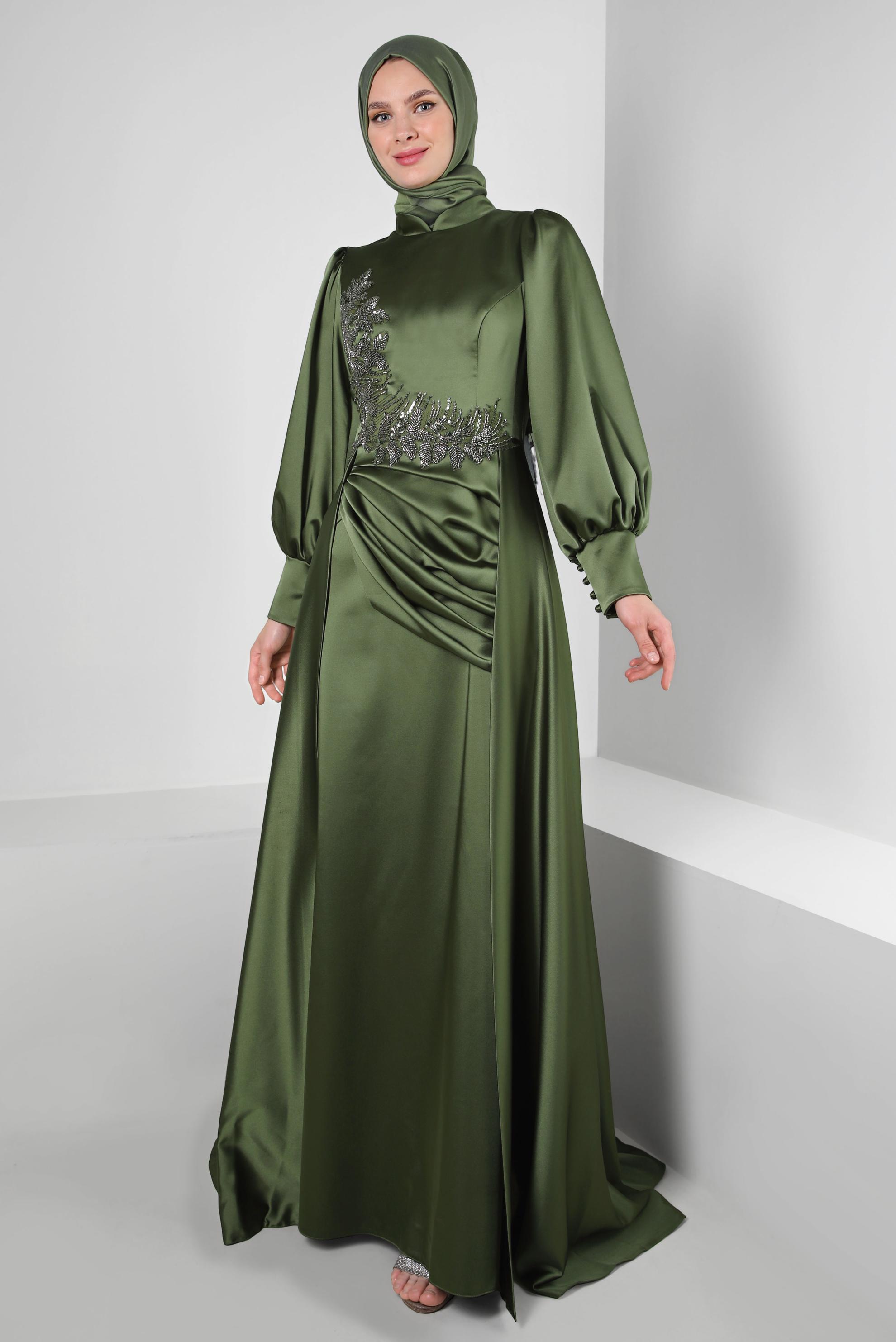 Vêtements hijab KAKI ROBE DE SOIRÉE EN SATIN PERLÉ AVEC DÉTAIL DRAPÉ 50351