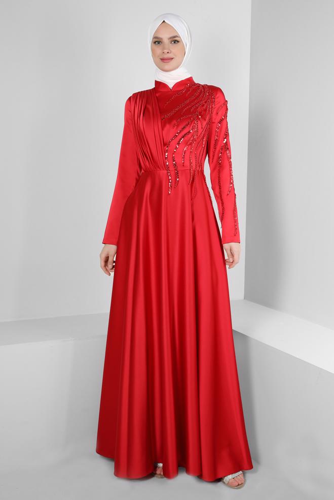 Vêtements hijab ROUGE ROBE DE SOIRÉE DÉTAIL DRAPÉ BIJOUX 50352 - ALVİNA