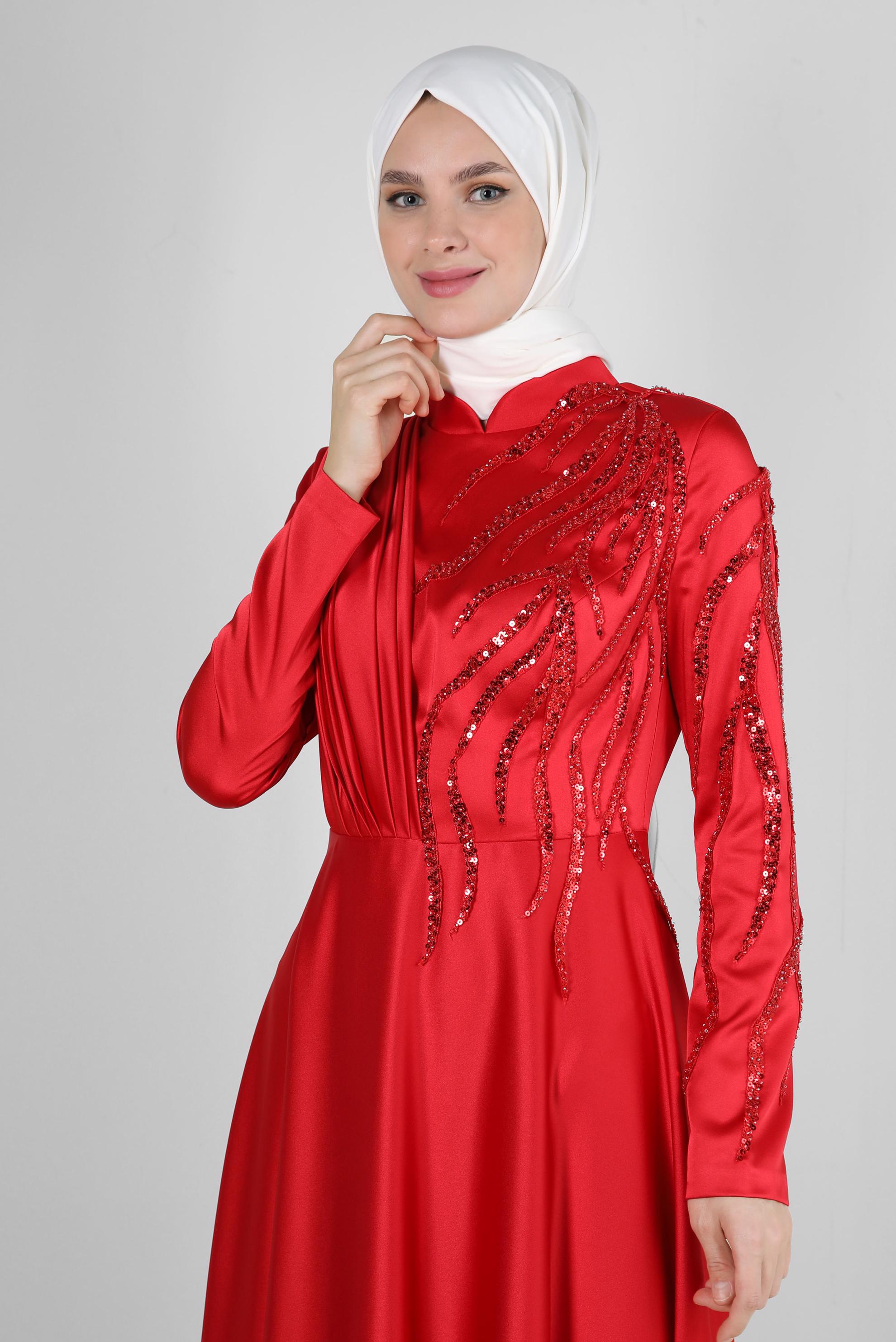 Vêtements hijab ROUGE ROBE DE SOIRÉE DÉTAIL DRAPÉ BIJOUX 50352