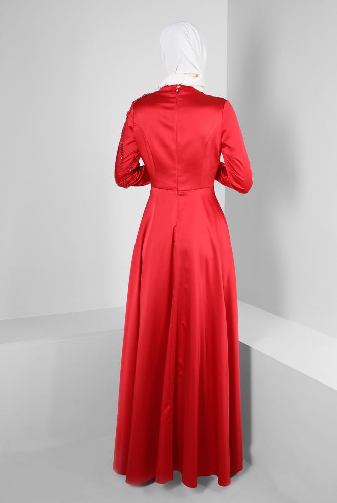 Vêtements hijab ROUGE ROBE DE SOIRÉE DÉTAIL DRAPÉ BIJOUX 50352 - ALVİNA