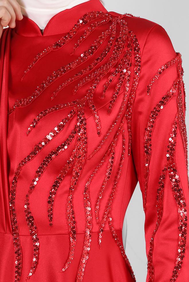 Vêtements hijab ROUGE ROBE DE SOIRÉE DÉTAIL DRAPÉ BIJOUX 50352 - ALVİNA