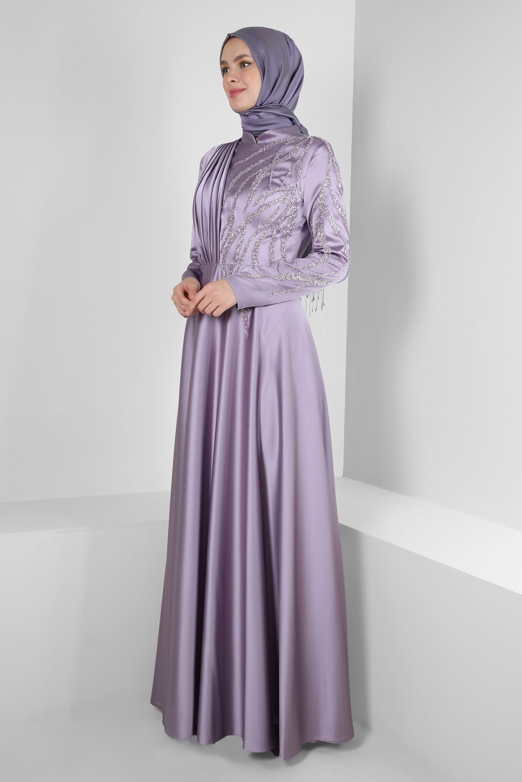 Tesettür giyim MOR TAŞ İŞLEMELİ DRAPE DETAYLI ABİYE ELBİSE 50352