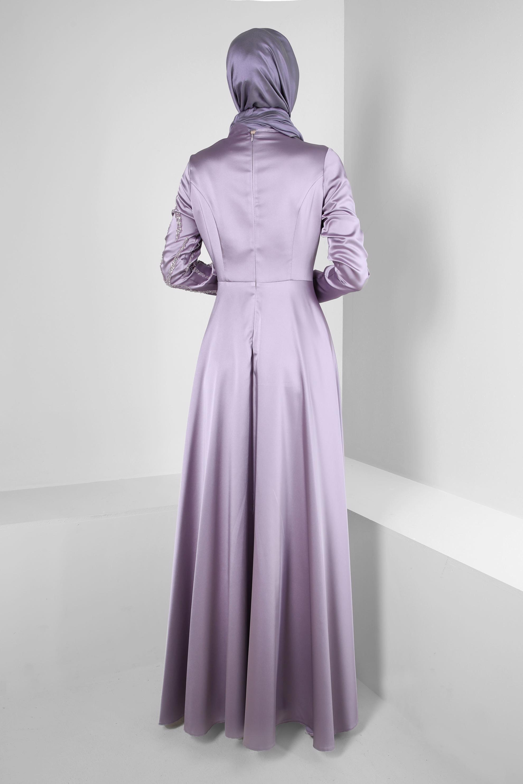 Tesettür giyim MOR TAŞ İŞLEMELİ DRAPE DETAYLI ABİYE ELBİSE 50352