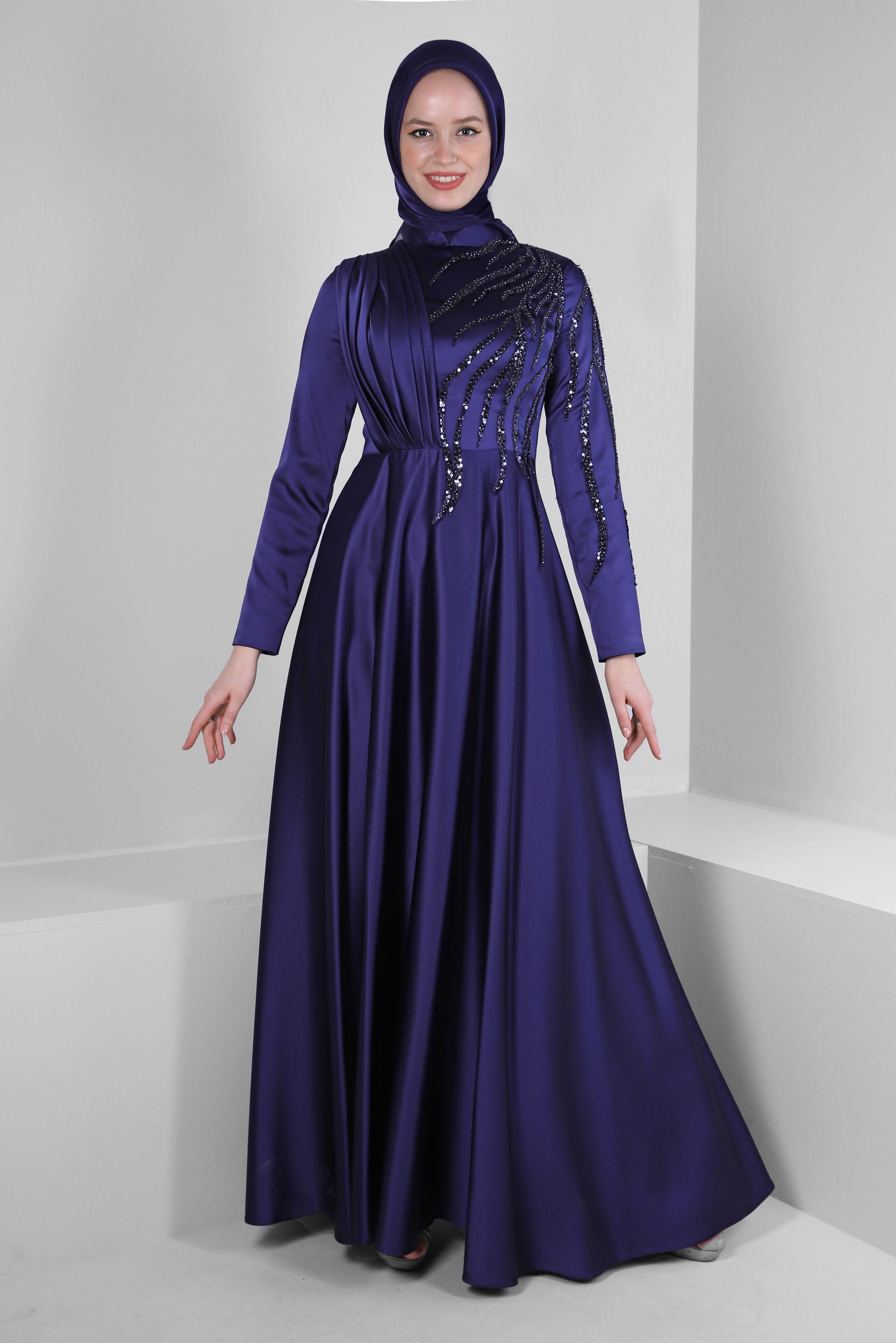 Tesettür giyim LACİVERT TAŞ İŞLEMELİ DRAPE DETAYLI ABİYE ELBİSE 50352
