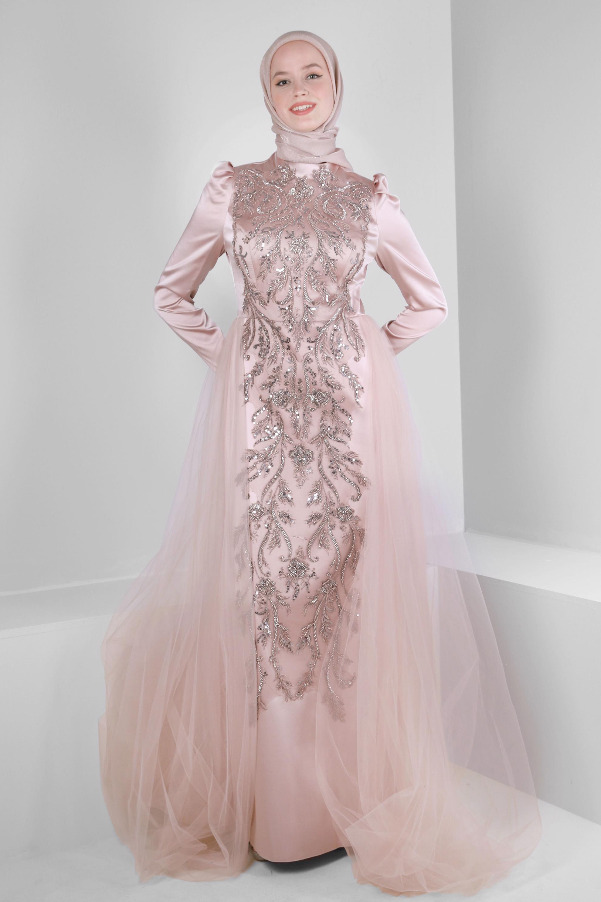 Tesettür giyim BEJ PUL PAYET İŞLEMELİ SATEN ABİYE ELBİSE 50353