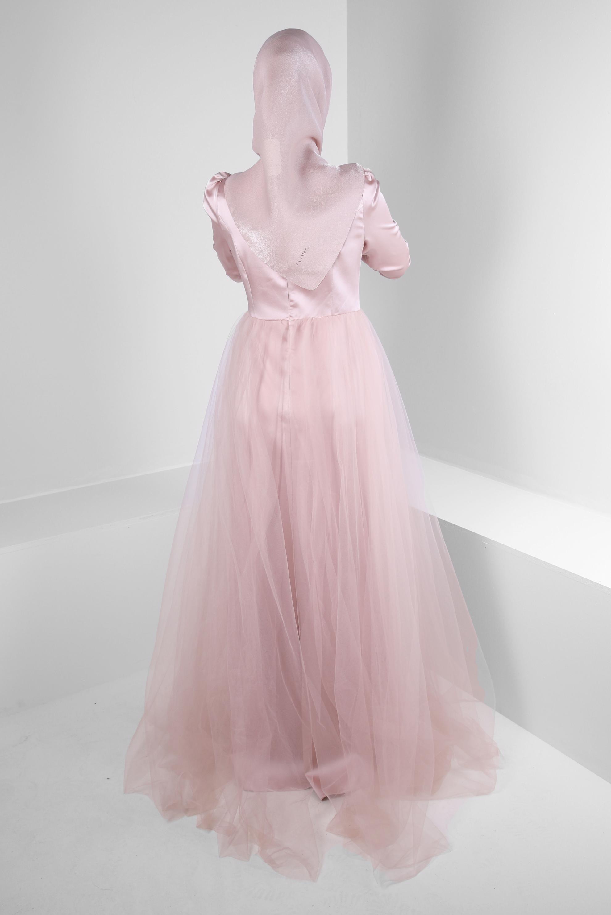 Tesettür giyim BEJ PUL PAYET İŞLEMELİ SATEN ABİYE ELBİSE 50353