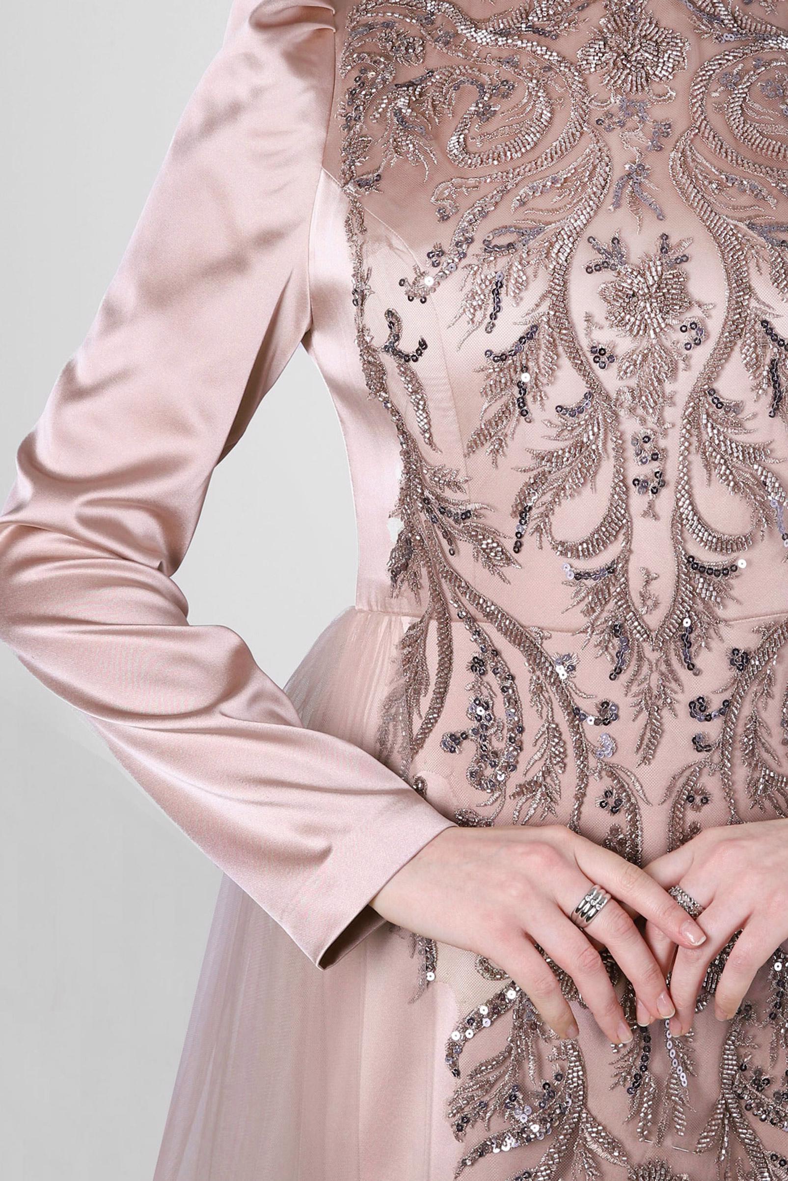 Tesettür giyim BEJ PUL PAYET İŞLEMELİ SATEN ABİYE ELBİSE 50353