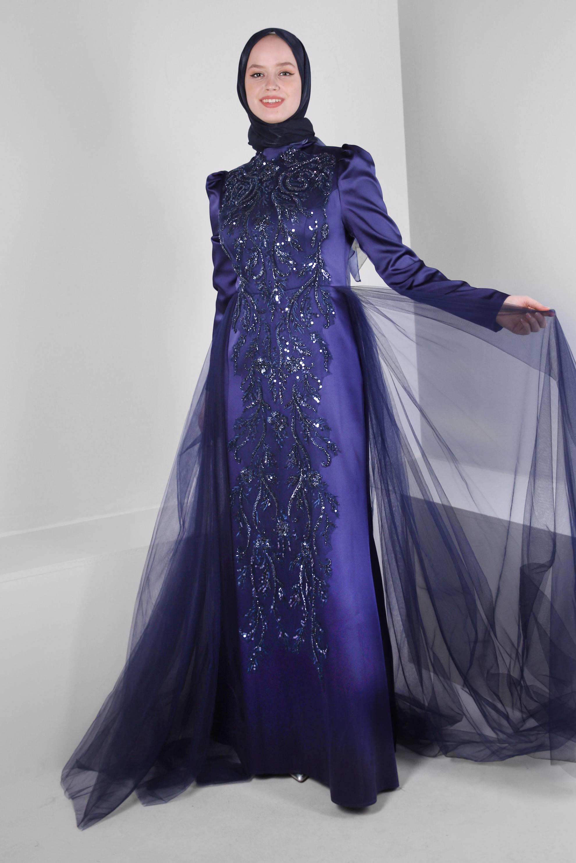 Tesettür giyim LACİVERT PUL PAYET İŞLEMELİ SATEN ABİYE ELBİSE 50353