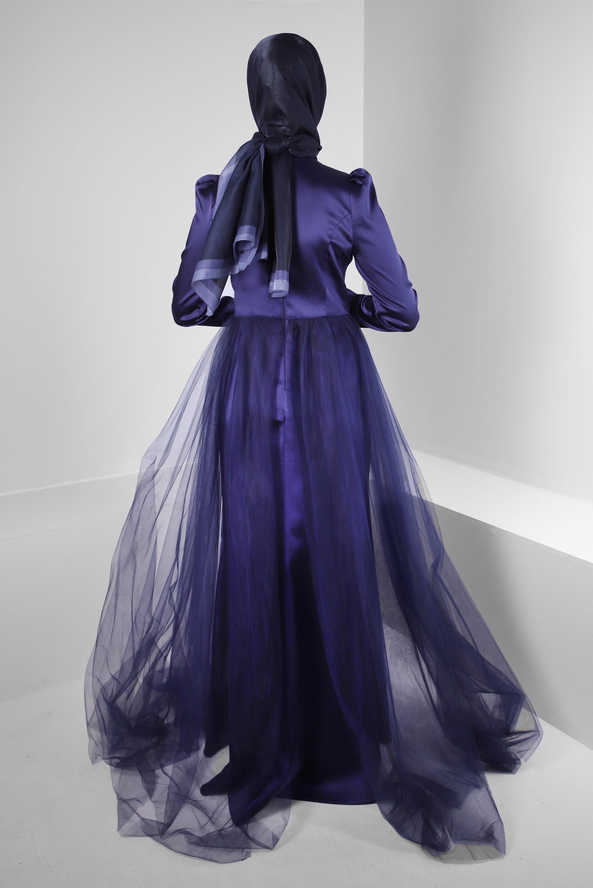 Tesettür giyim LACİVERT PUL PAYET İŞLEMELİ SATEN ABİYE ELBİSE 50353