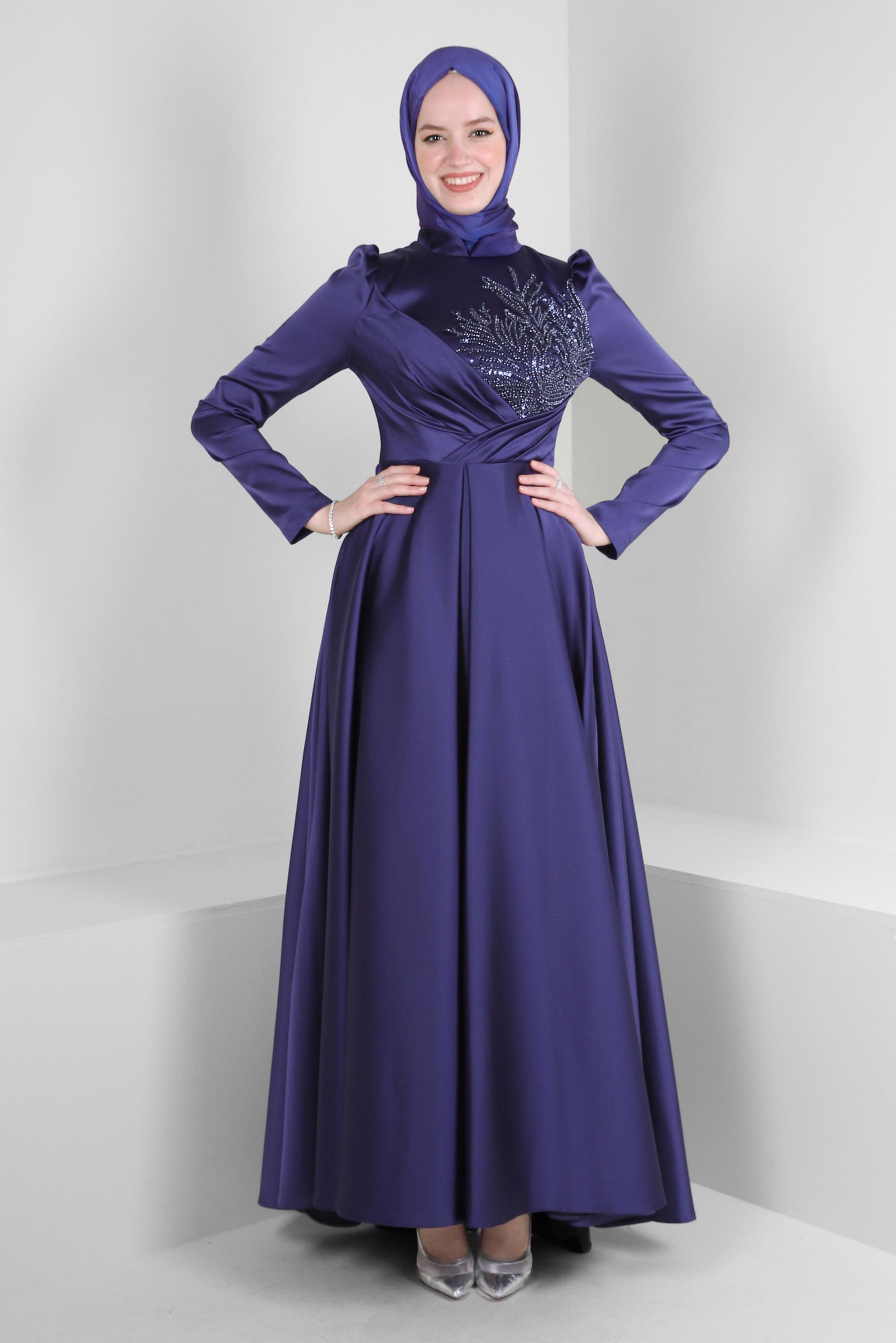 Tesettür giyim LACİVERT PUL İŞLEMELİ PİLİSELİ SATEN ABİYE ELBİSE 50354