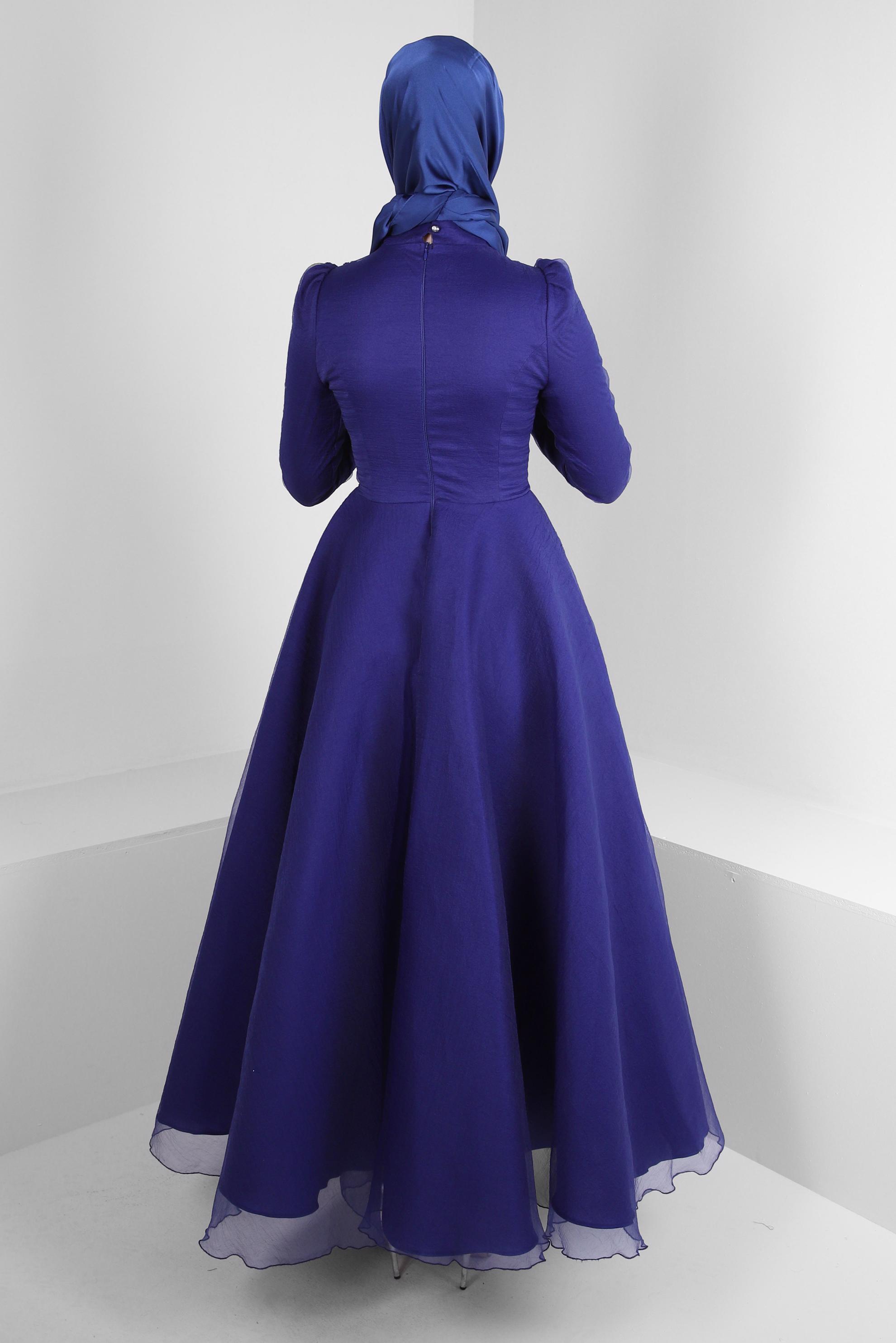 Tesettür giyim LACİVERT PUL İŞLEMELİ PİLİSELİ SATEN ABİYE ELBİSE 50354