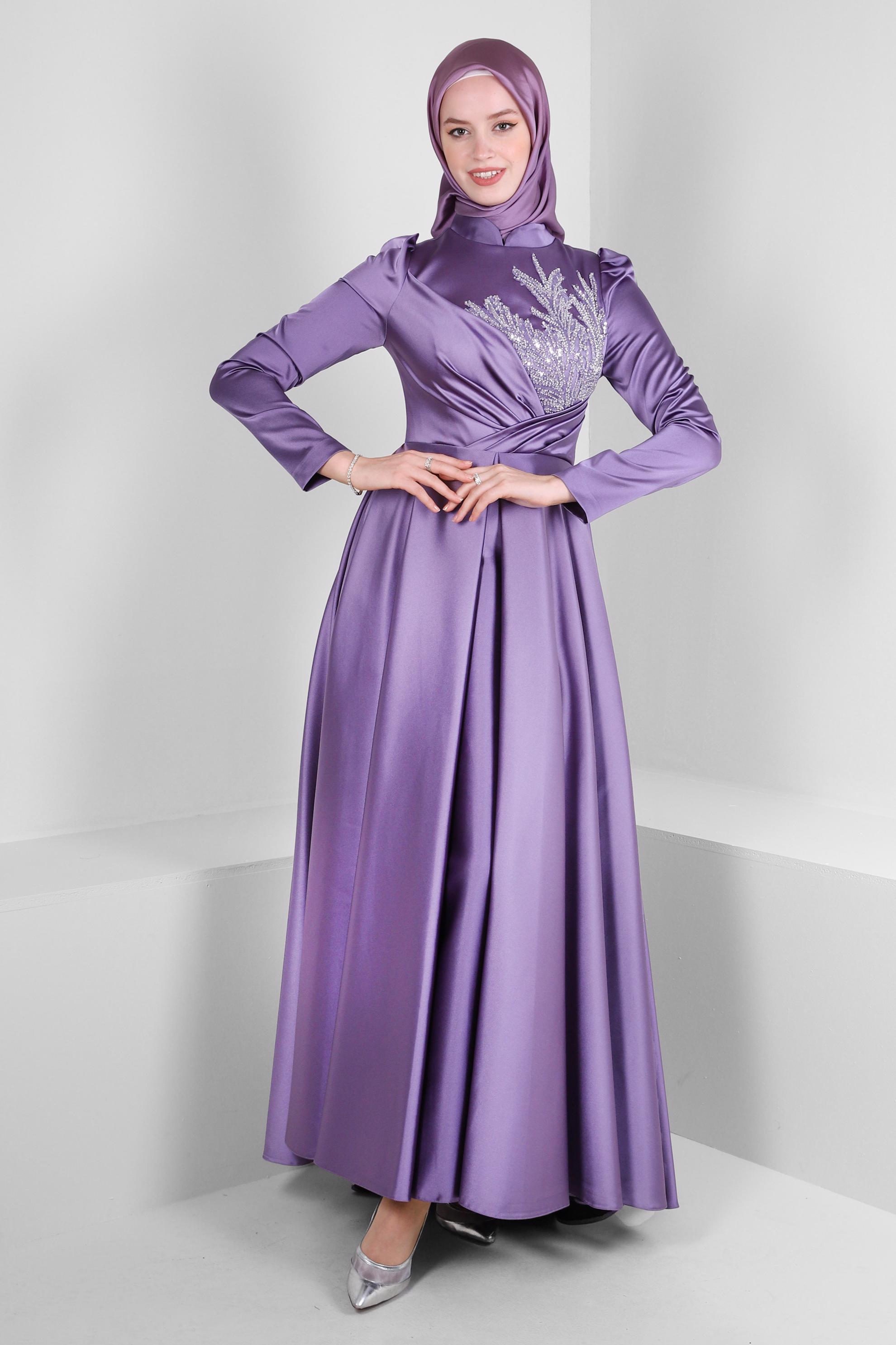 Tesettür giyim MOR PUL İŞLEMELİ PİLİSELİ SATEN ABİYE ELBİSE 50354