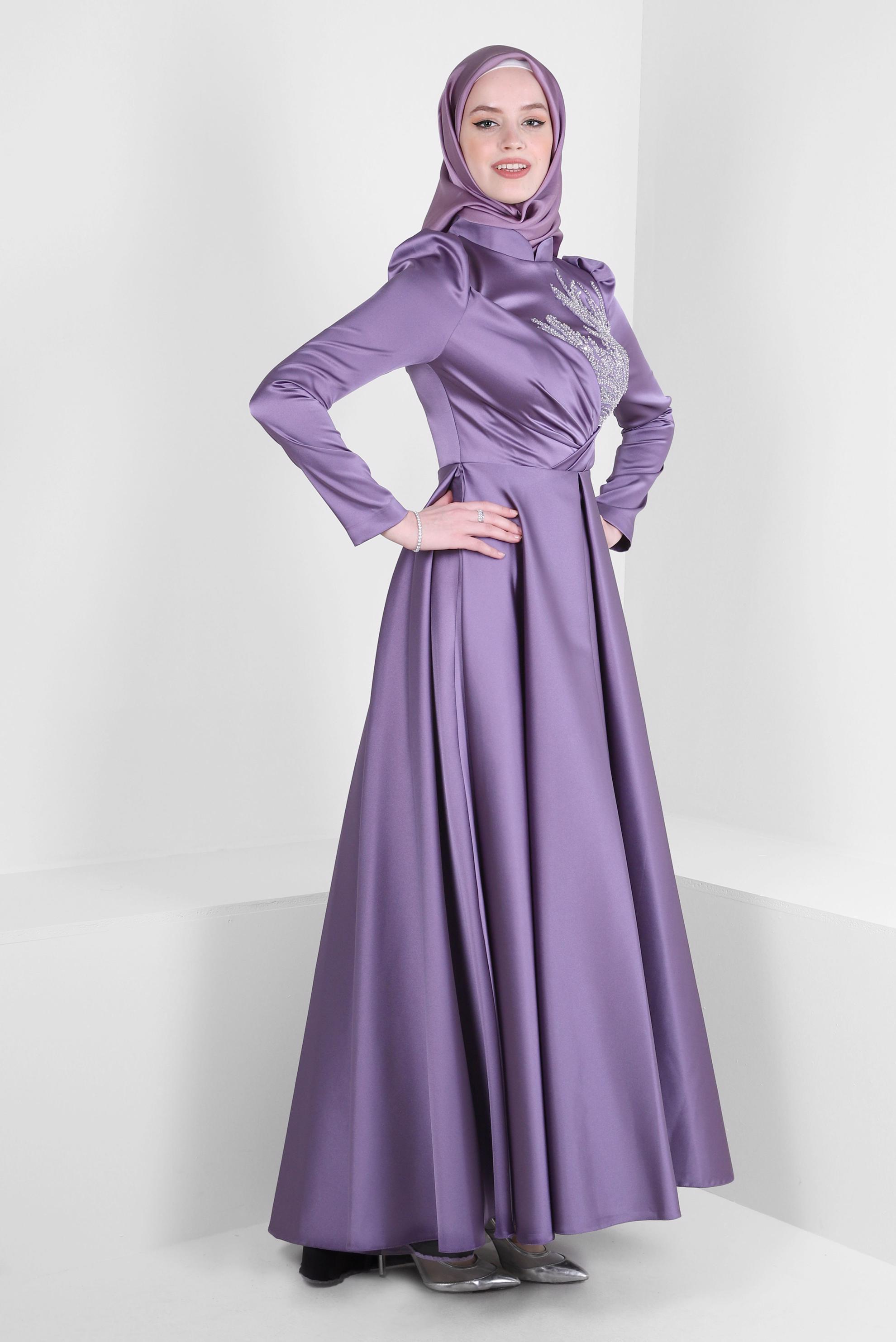 Tesettür giyim MOR PUL İŞLEMELİ PİLİSELİ SATEN ABİYE ELBİSE 50354
