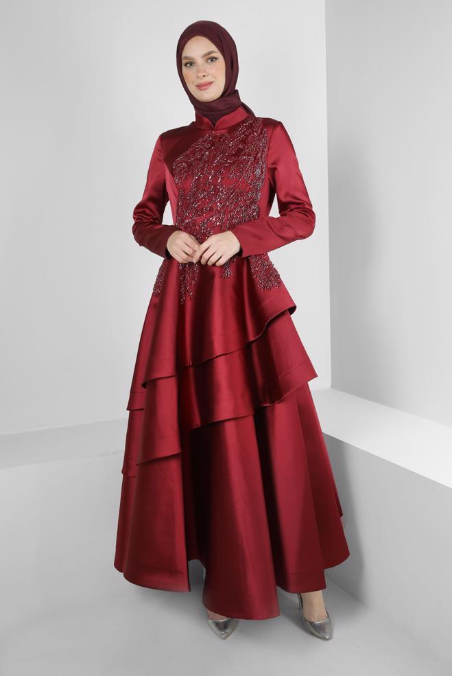 Vêtements hijab ROUGE BORDEAUX ROBE DE SOIRÉE EN SATIN À VOLANTS ET SEQUINS 50355 - ALVİNA