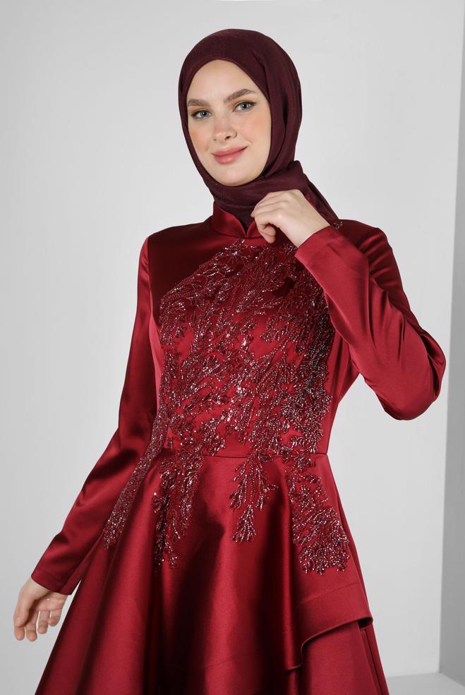 Vêtements hijab ROUGE BORDEAUX ROBE DE SOIRÉE EN SATIN À VOLANTS ET SEQUINS 50355 - ALVİNA