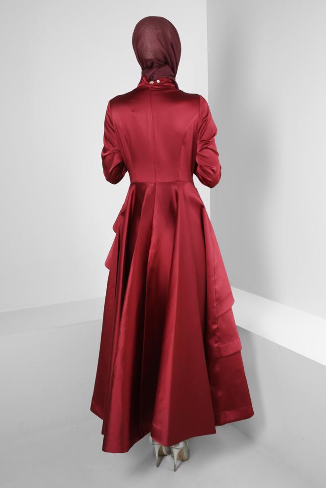 Vêtements hijab ROUGE BORDEAUX ROBE DE SOIRÉE EN SATIN À VOLANTS ET SEQUINS 50355 - ALVİNA