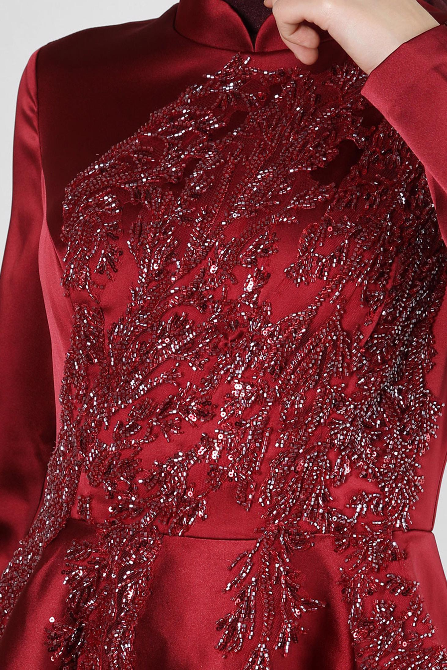 Tesettür giyim BORDO PUL PAYET İŞLEMELİ VOLANLI SATEN ABİYE ELBİSE 50355