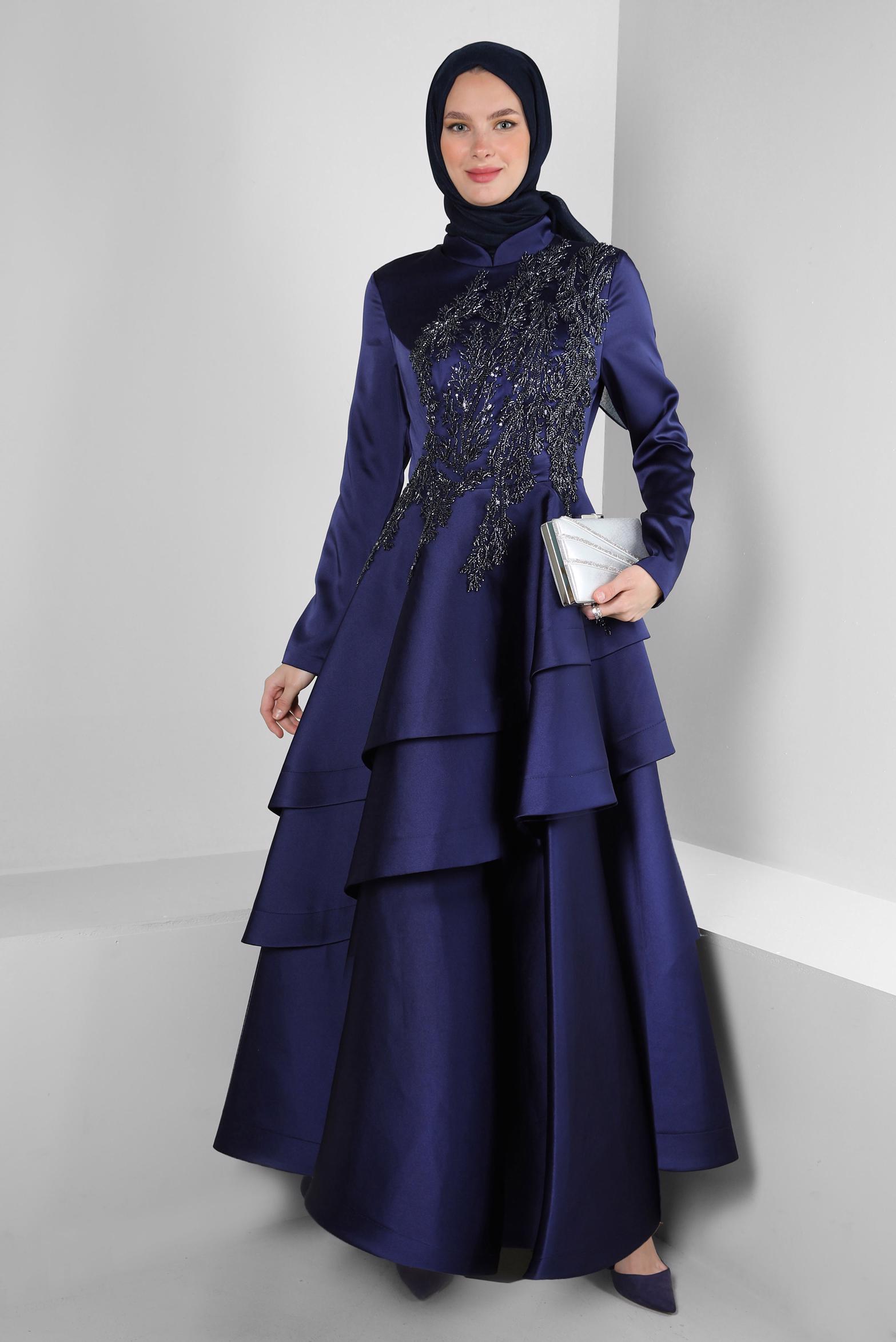 Tesettür giyim LACİVERT PUL PAYET İŞLEMELİ VOLANLI SATEN ABİYE ELBİSE 50355