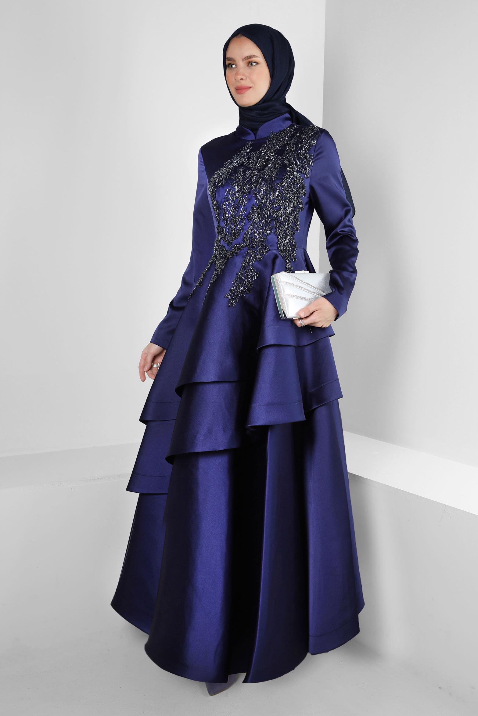 Tesettür giyim LACİVERT PUL PAYET İŞLEMELİ VOLANLI SATEN ABİYE ELBİSE 50355