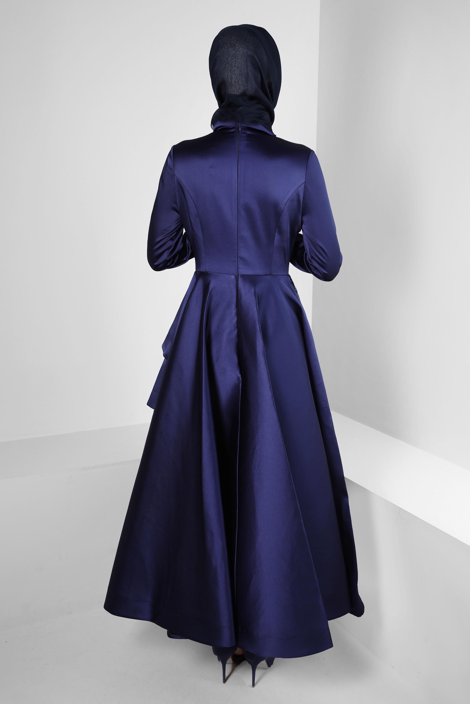 Tesettür giyim LACİVERT PUL PAYET İŞLEMELİ VOLANLI SATEN ABİYE ELBİSE 50355