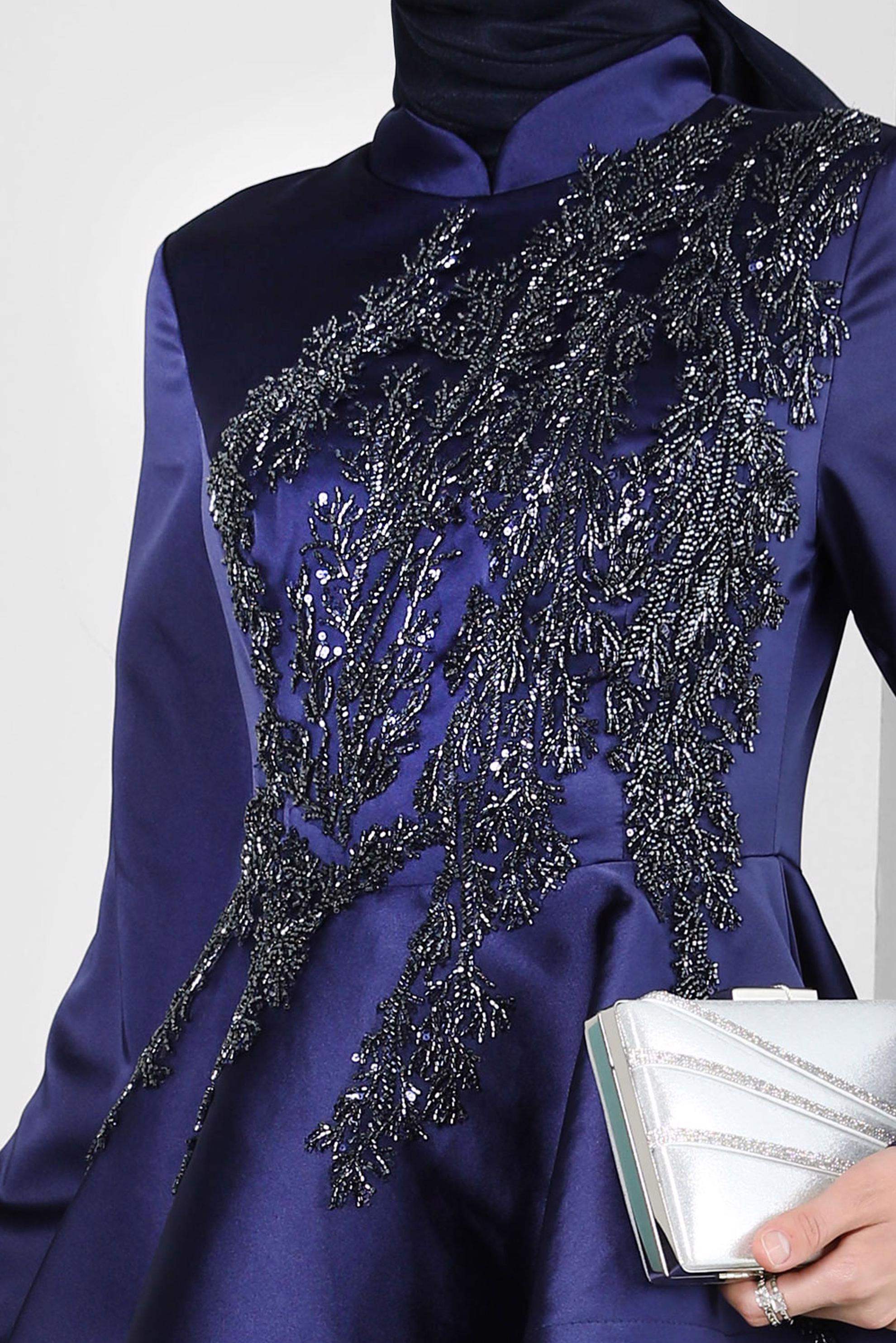 Tesettür giyim LACİVERT PUL PAYET İŞLEMELİ VOLANLI SATEN ABİYE ELBİSE 50355