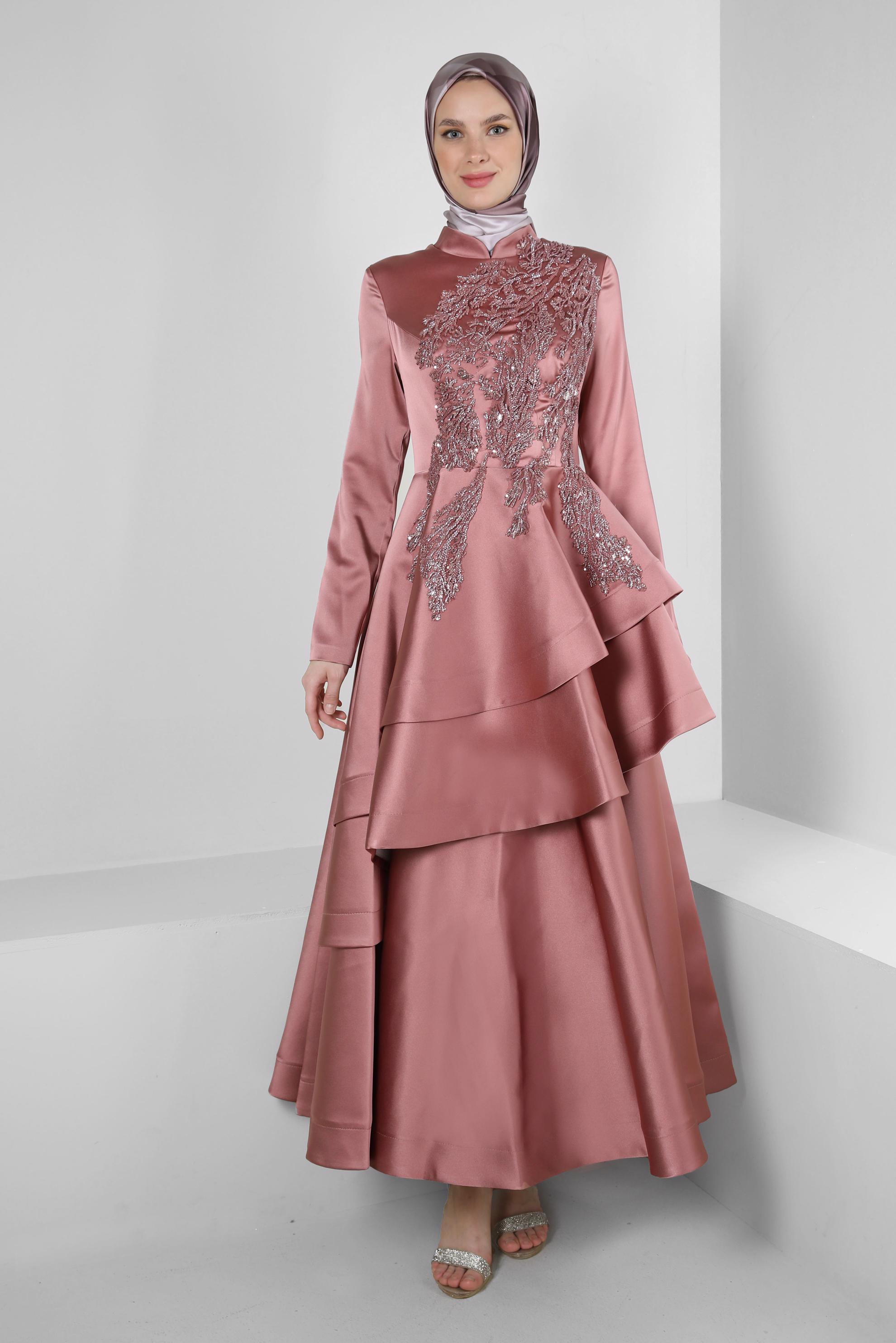 Tesettür giyim PEMBE PUL PAYET İŞLEMELİ VOLANLI SATEN ABİYE ELBİSE 50355