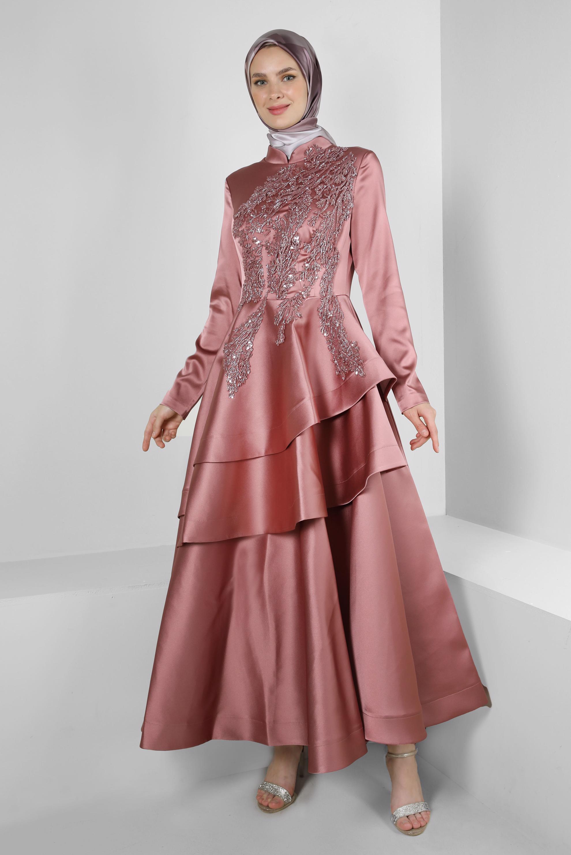 Tesettür giyim PEMBE PUL PAYET İŞLEMELİ VOLANLI SATEN ABİYE ELBİSE 50355