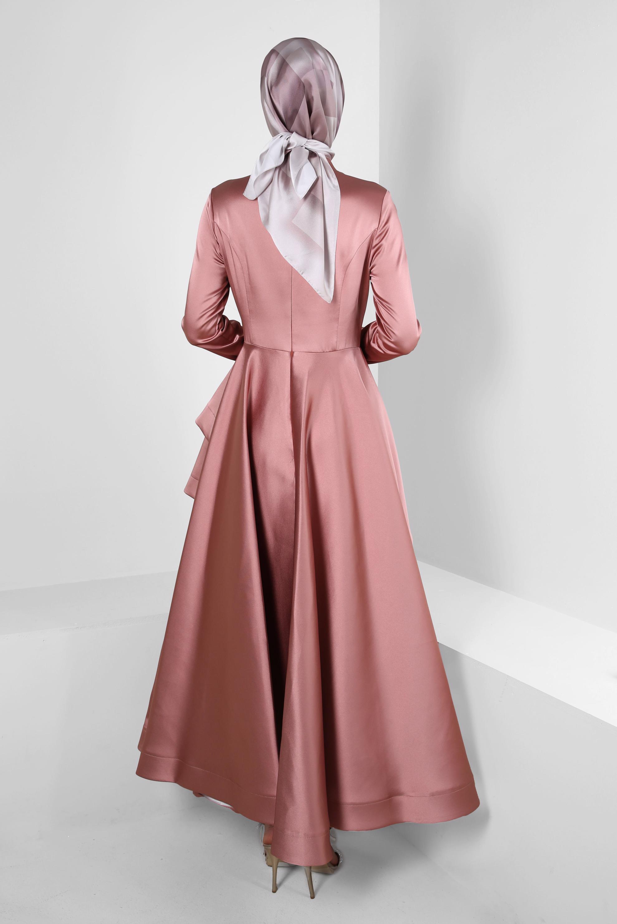 Tesettür giyim PEMBE PUL PAYET İŞLEMELİ VOLANLI SATEN ABİYE ELBİSE 50355