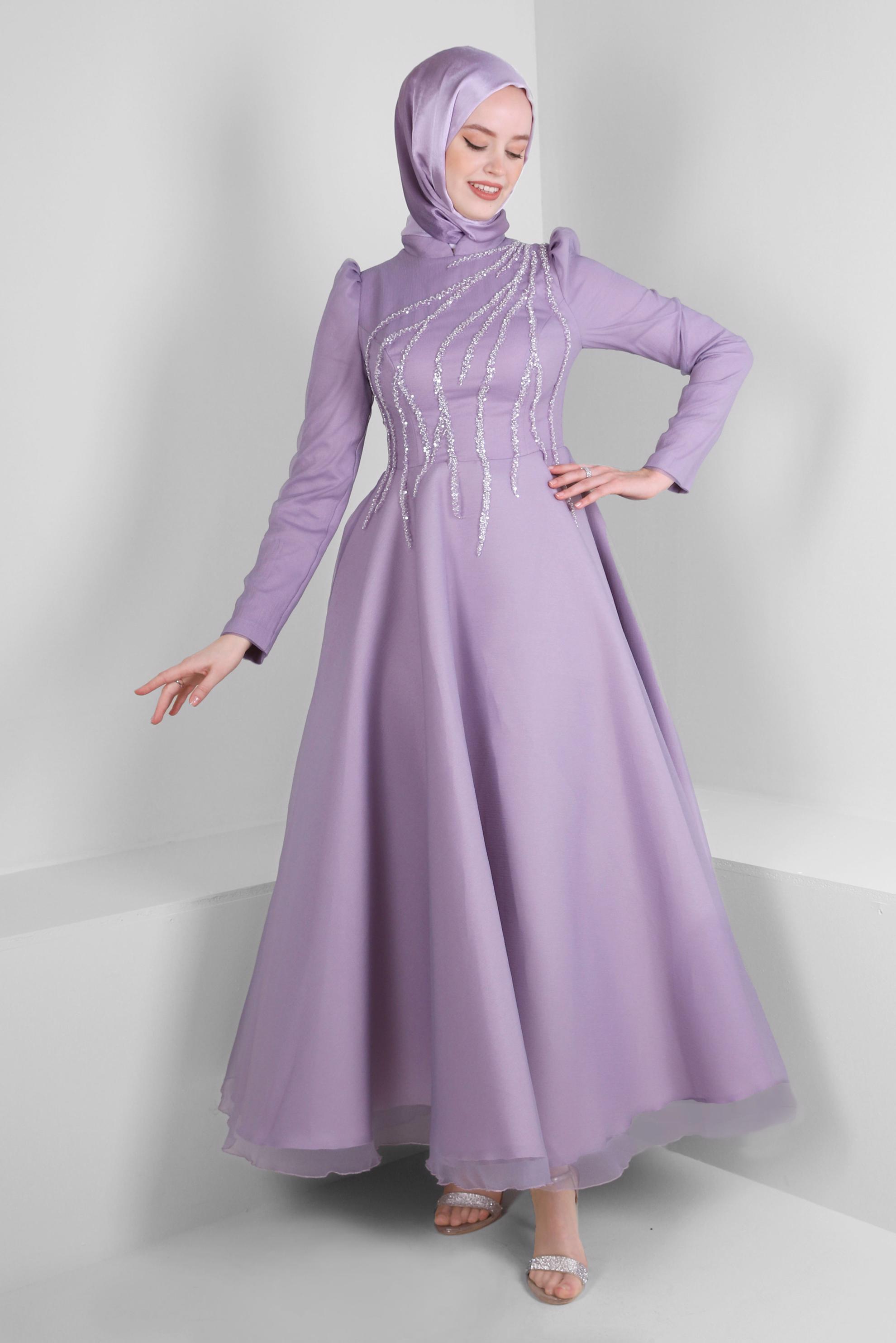 Tesettür giyim MOR PUL PAYET DETAYLI ABİYE ELBİSE 50356