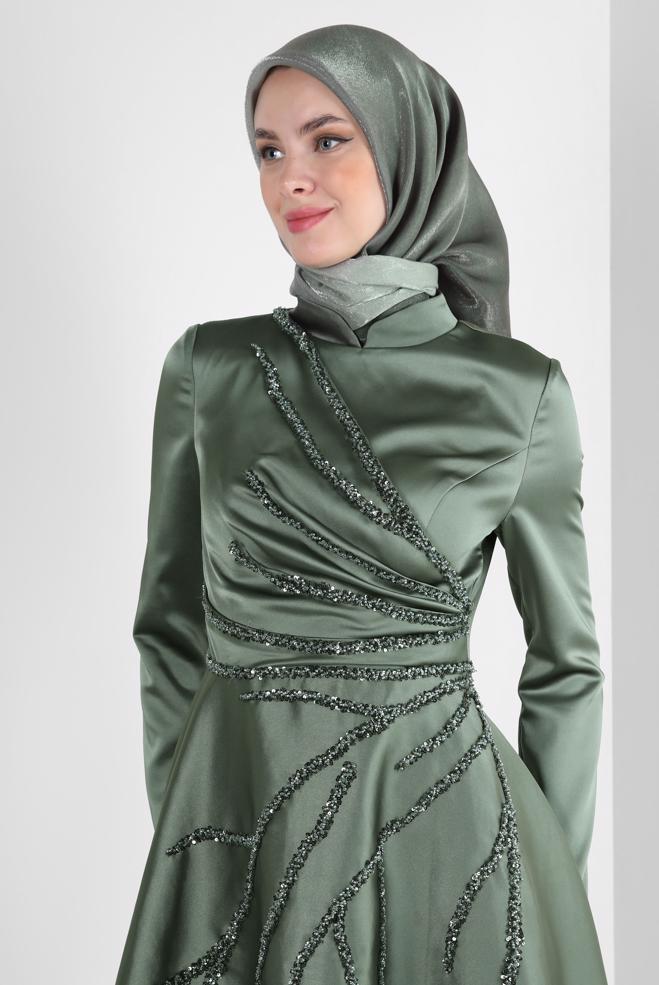 Vêtements hijab KAKI ROBE DE SOIRÉE EN SATIN PERLÉ 50357 - ALVİNA