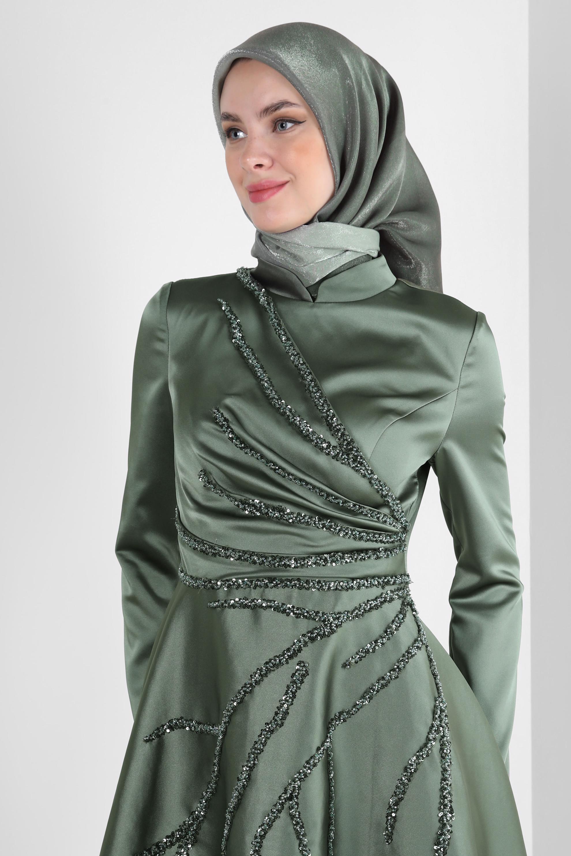 Vêtements hijab KAKI ROBE DE SOIRÉE EN SATIN PERLÉ 50357