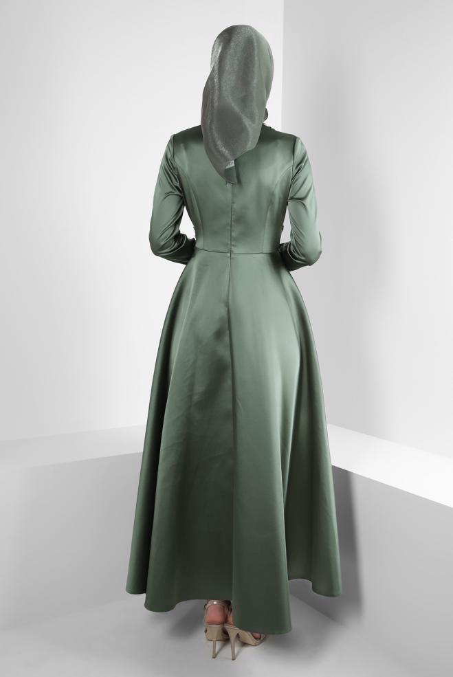 Vêtements hijab KAKI ROBE DE SOIRÉE EN SATIN PERLÉ 50357 - ALVİNA