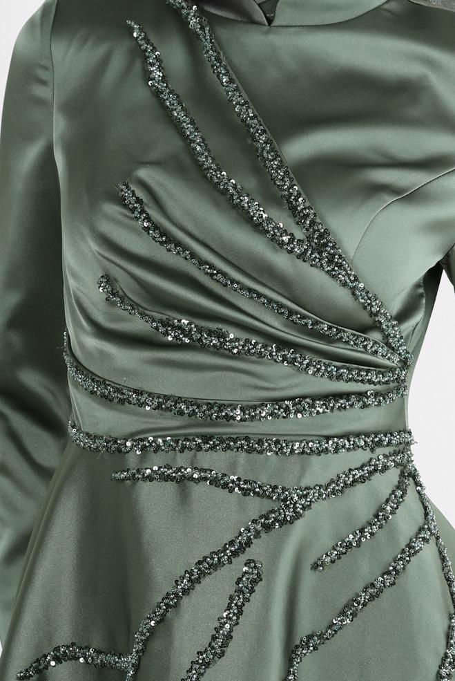 Vêtements hijab KAKI ROBE DE SOIRÉE EN SATIN PERLÉ 50357 - ALVİNA