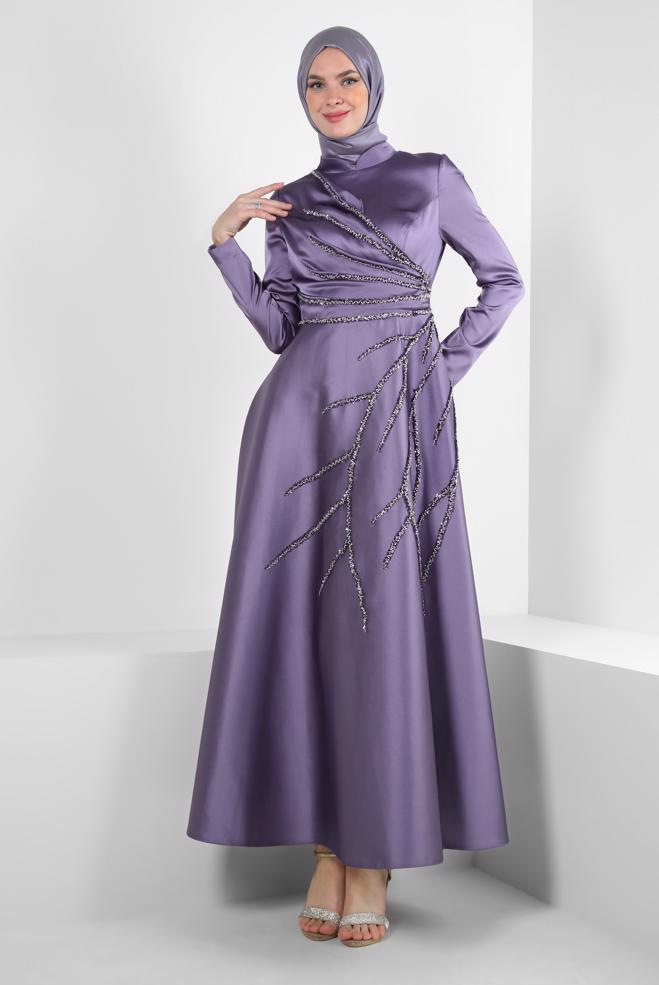 Vêtements hijab POURPRE ROBE DE SOIRÉE EN SATIN PERLÉ 50357 - ALVİNA