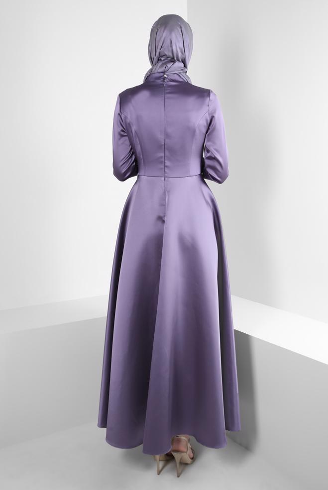 Vêtements hijab POURPRE ROBE DE SOIRÉE EN SATIN PERLÉ 50357 - ALVİNA