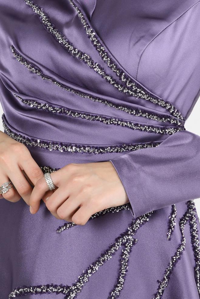 Vêtements hijab POURPRE ROBE DE SOIRÉE EN SATIN PERLÉ 50357 - ALVİNA