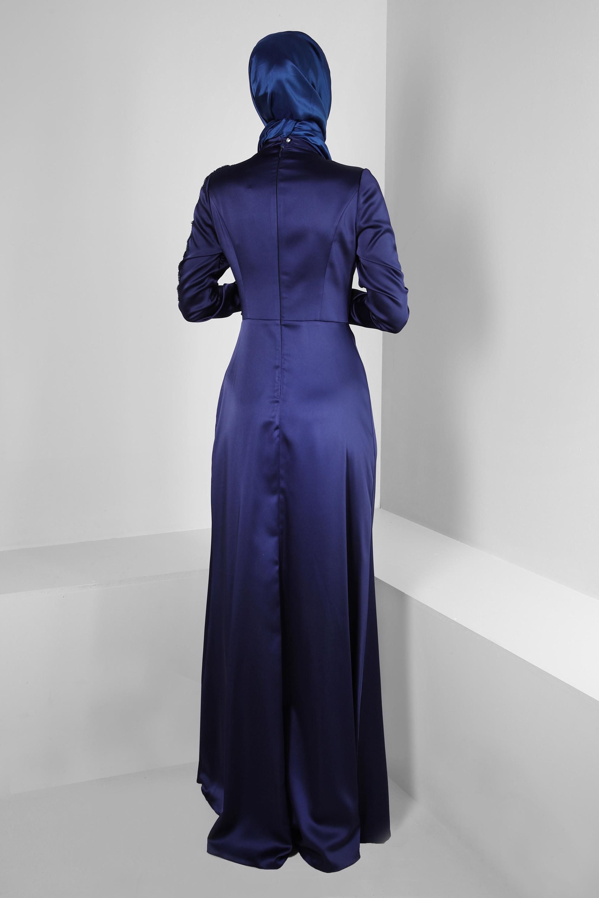 Tesettür giyim LACİVERT KRUVAZE YAKA TAŞLI SATEN ABİYE ELBİSE 50358