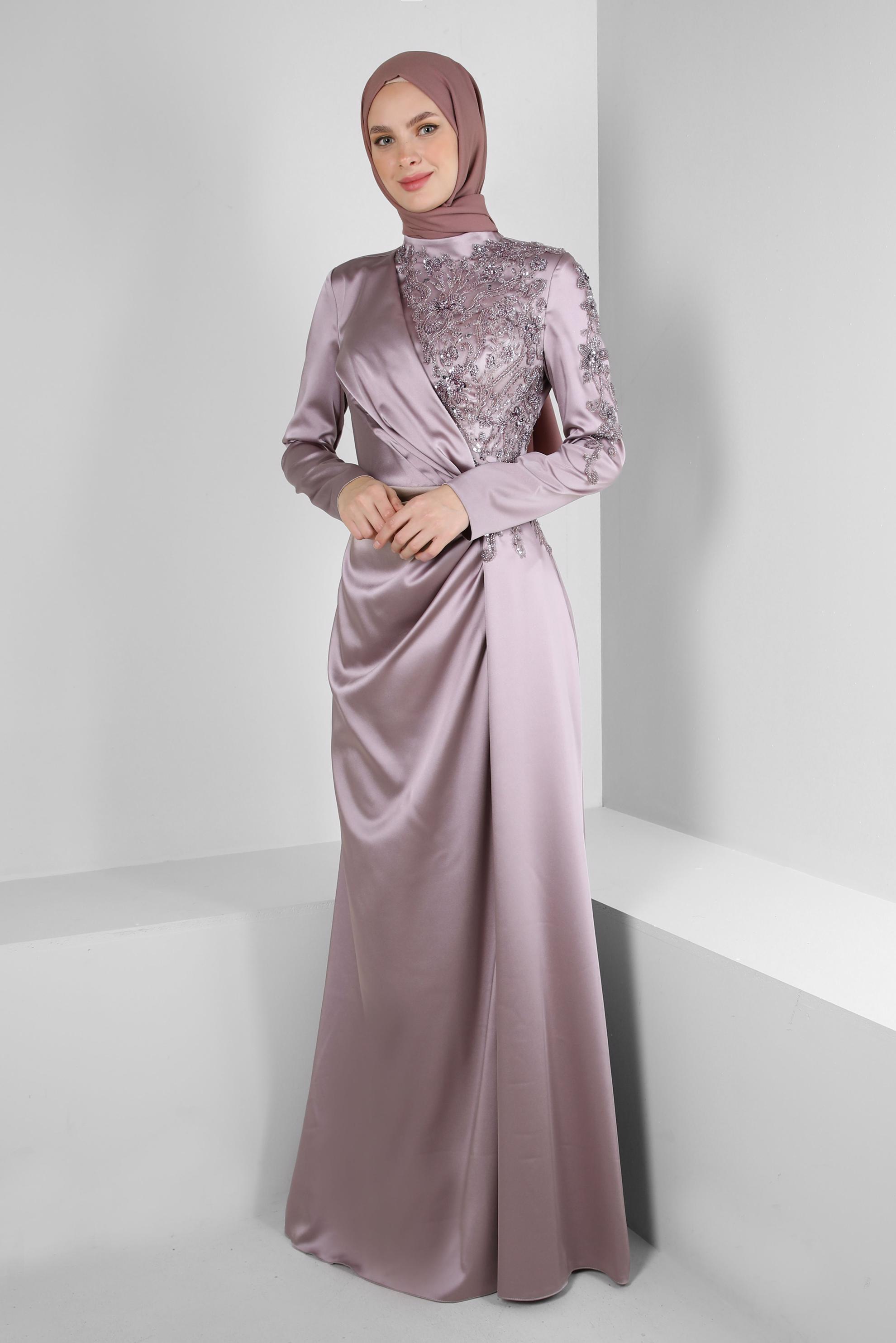 Tesettür giyim PEMBE KRUVAZE YAKA TAŞLI SATEN ABİYE ELBİSE 50358