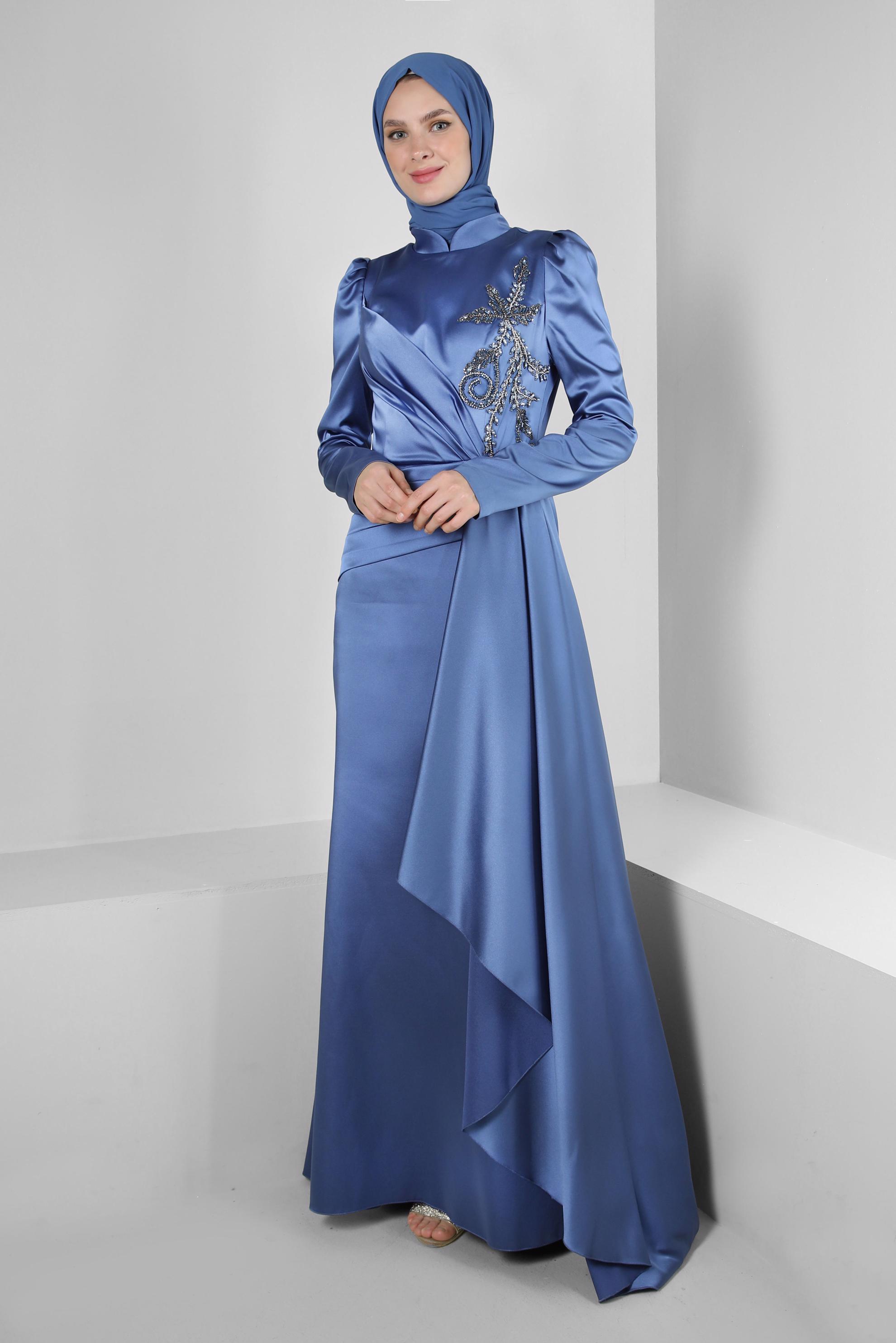 Tesettür giyim LACİVERT TAŞ İŞLEMELİ VOLANLI SATEN ABİYE ELBİSE 50359