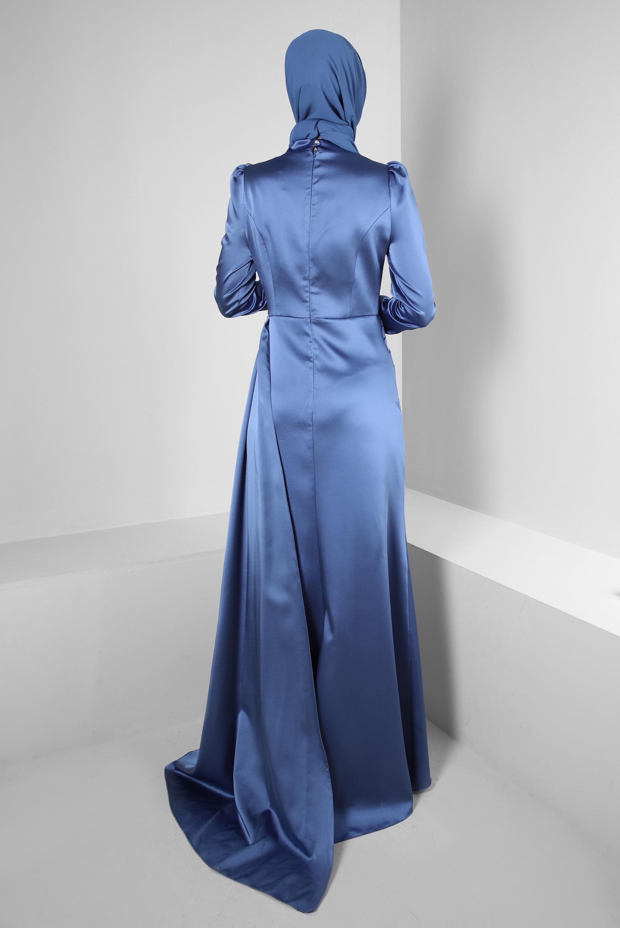 Tesettür giyim LACİVERT TAŞ İŞLEMELİ VOLANLI SATEN ABİYE ELBİSE 50359